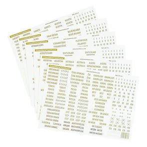 Country labels with gold lettering diverse philatelic terms, volume numbers, etc.