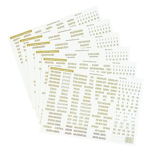 Country labels with gold lettering South East Europe, Europa motif, UNO, volume numbers
