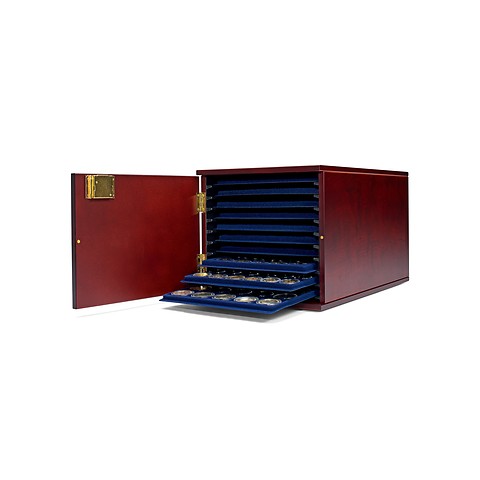 Coin tray cabinet for 10 L-sized TAB trays, mahogany-stained wood