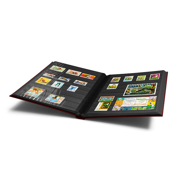 Premium stockbook, DIN A4, 32  black pages, padded LEFA cover, red