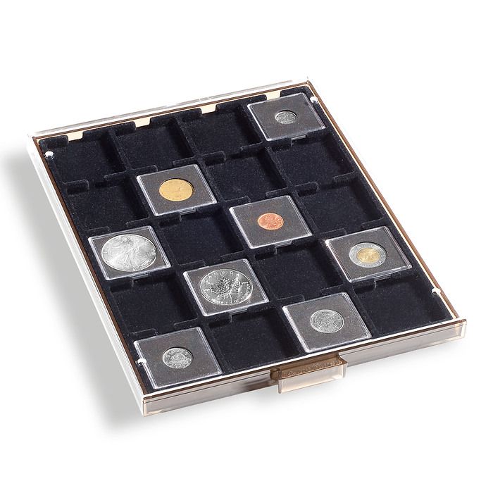 Coin box QUADRUM, 20 square compartments 50 x 50 mm, smoke coloured, with black drawer