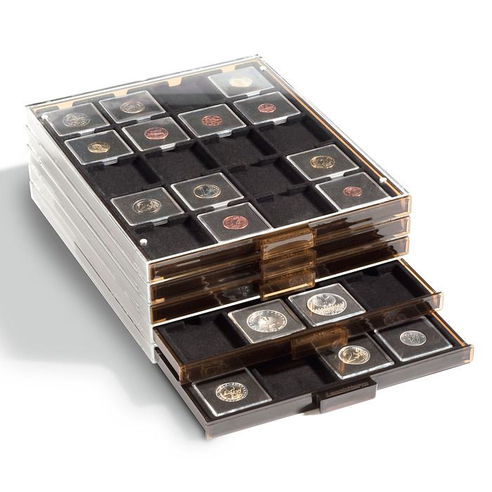 Coin box QUADRUM, 20 square compartments 50 x 50 mm, smoke coloured, with black drawer