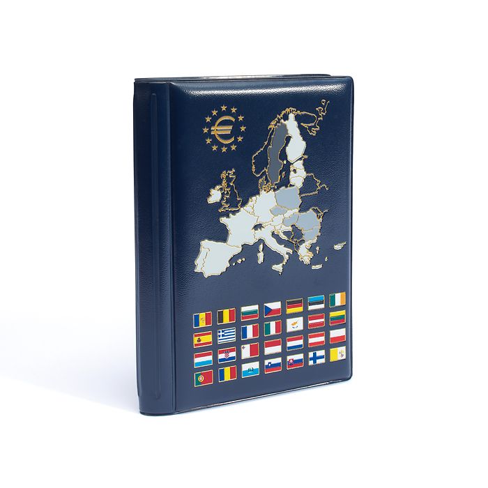Coin wallet with 12 coin sheets for 12 complete euro coin sets, blue