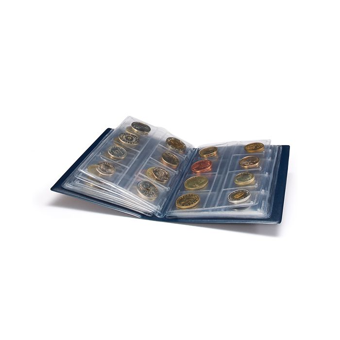 Coin wallet with 12 coin sheets for 12 complete euro coin sets, blue