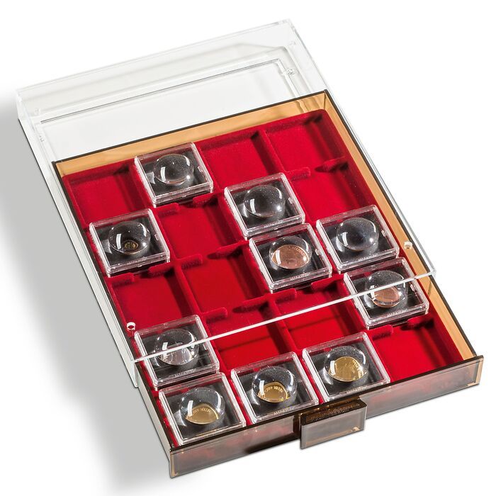 coin box 6 square compartments in size 86x86 mm, smoke coloured
