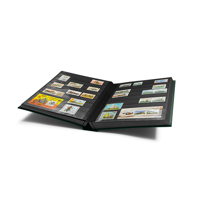 Premium stockbook, DIN A4, 64  black pages, padded cover made of LEFA, green