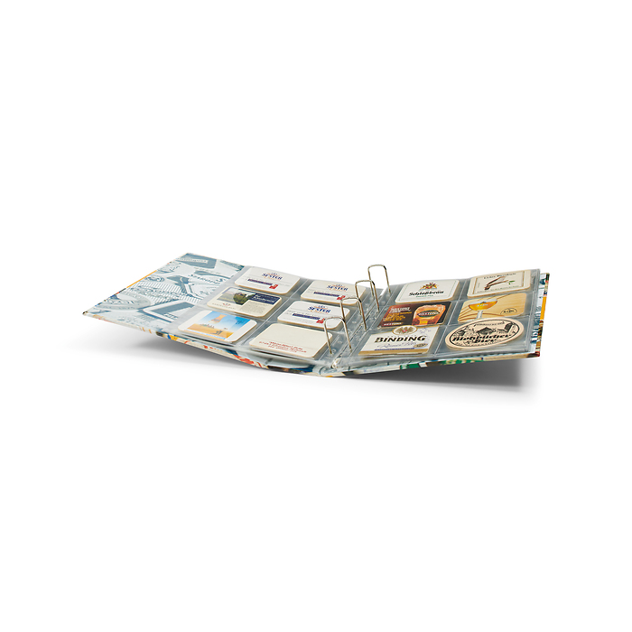 Grande ring binder for beer mats, incl. 15 transparent sleeves for 6 beer mats each