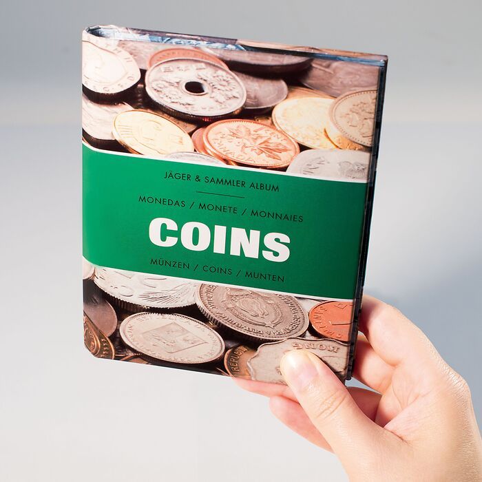 'COINS' pocket album with 8 integrated sheets, each holding 6 coins up to 33 mm,laminated