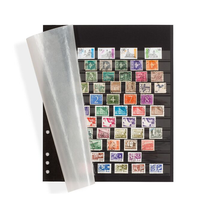 OMEGA insert stock sheets, black carton with 11 clear strips, glassine protective sheet