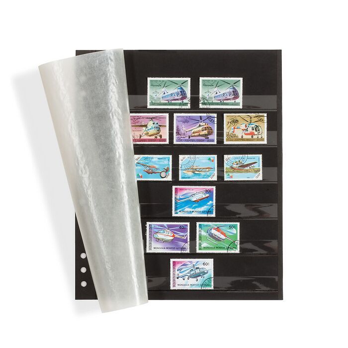 OMEGA insert stock sheets, black carton with 6 clear strips, glassine protective sheet