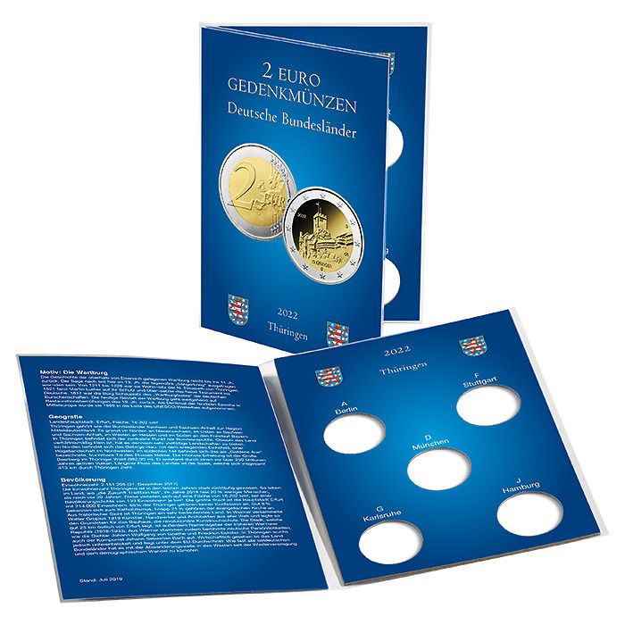 Coin card for 5 German 2-euro  commemorative coins from Thuringia (2022)