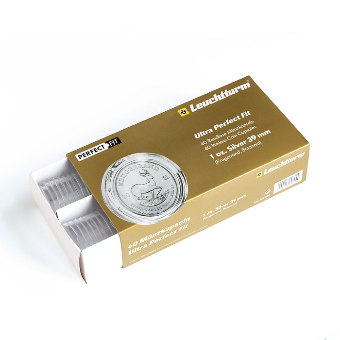 Ultra Perfect Fit coin capsules for 1 oz. Silver 39 mm(e.g.Krugerrand, Britan.),pack of 40