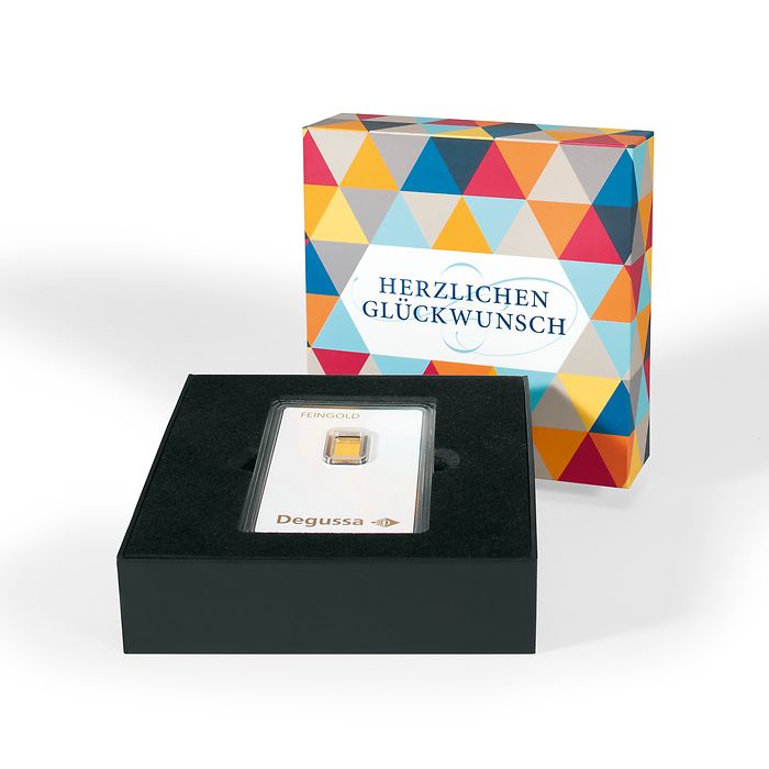 gift box for one gold bar in blister pack „Herzlichen Glückwunsch“, modern