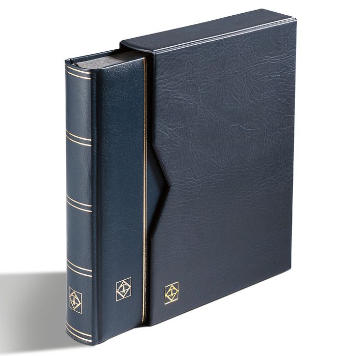 Stockbook PREMIUM, A4, 32 black pages, padded leather* cover + case, blue