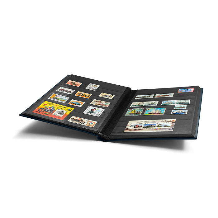 Stockbook Premium, A4, 32 black pages, padded leather* cover  incl. slipcase, blue