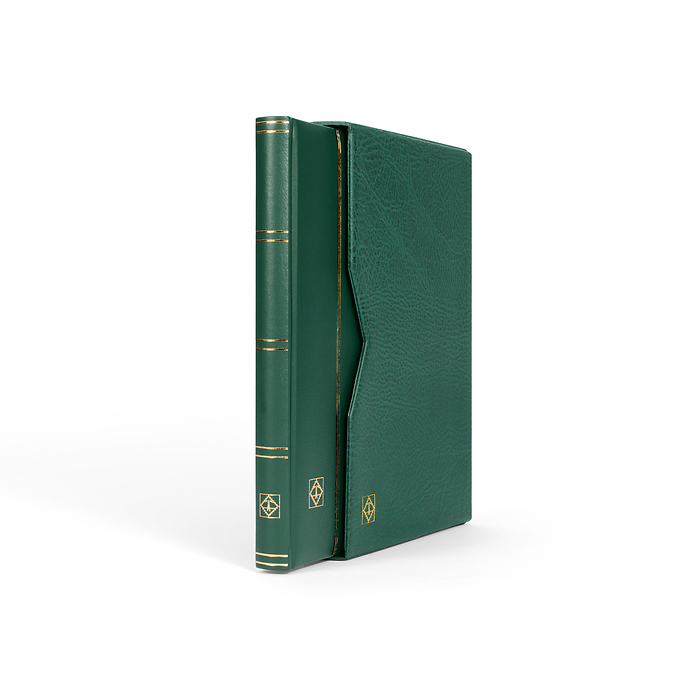 Stockbook Premium, A4, 32 black pages, padded leather* cover  incl. slipcase, green