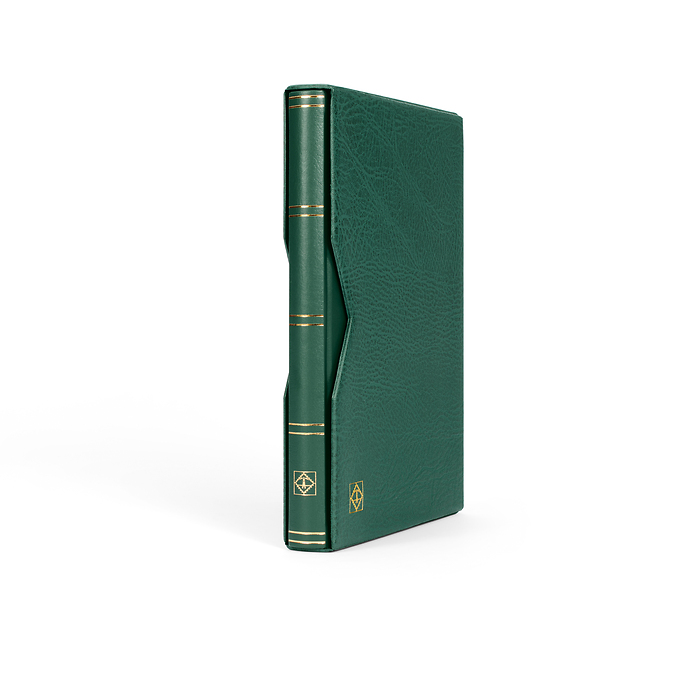 Stockbook Premium, A4, 32 black pages, padded leather* cover  incl. slipcase, green