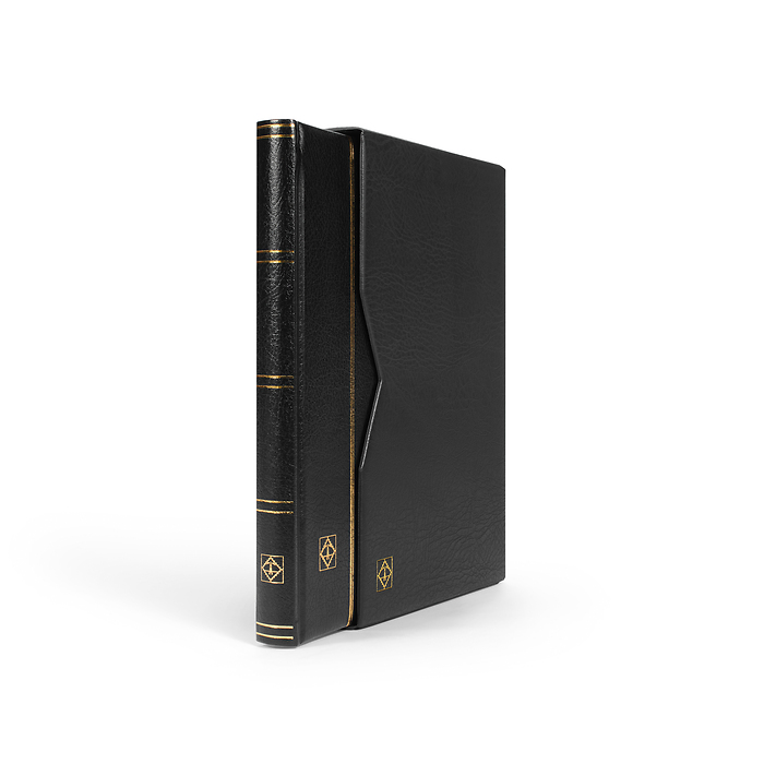 Stockbook Premium, A4, 32 black pages, padded leather* incl. slipcase, black