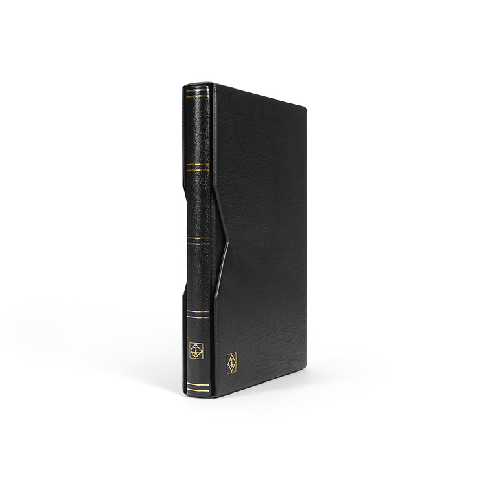 Stockbook Premium, A4, 32 black pages, padded leather* incl. slipcase, black