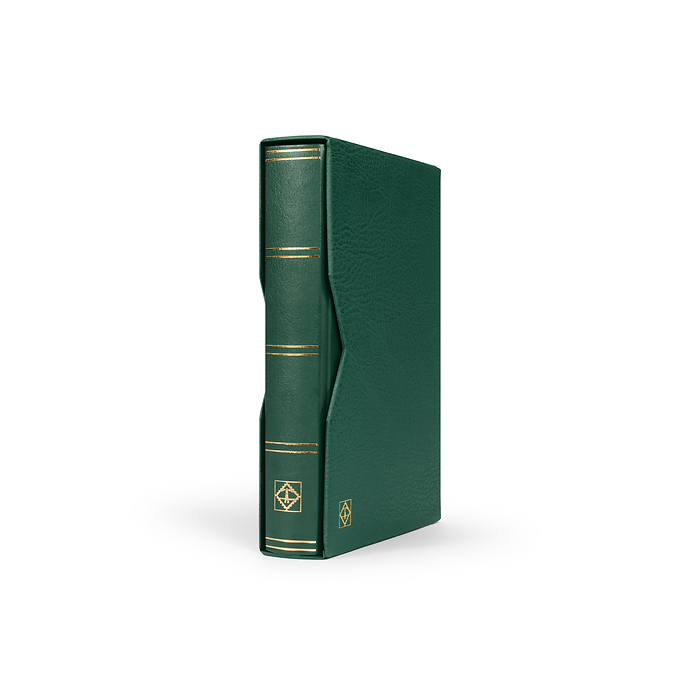 Stockbook Premium, A4, 64 black pages, padded leather* incl. slipcase, green