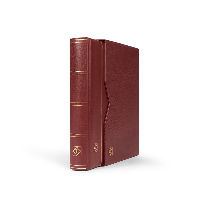 Stockbook Premium, A4, 64 black pages, padded leather* incl. slipcase, red