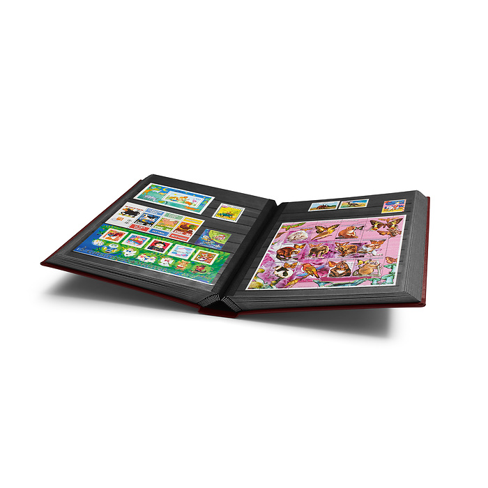 Stockbook Premium, A4, 64 black pages, padded leather* incl. slipcase, red