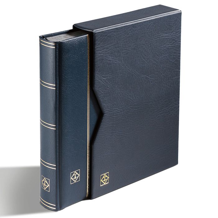 Stockbook PREMIUM, A4, 64 black pages, padded leather* cover + case, blue