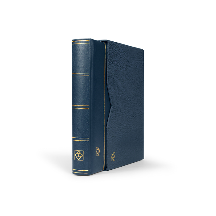 Stockbook Premium, A4, 64 black pages, padded leather* incl. slipcase, blue