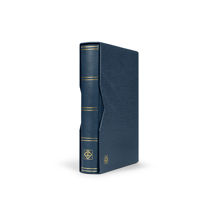 Stockbook Premium, A4, 64 black pages, padded leather* incl. slipcase, blue