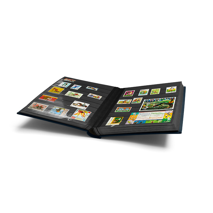 Stockbook Premium, A4, 64 black pages, padded leather* incl. slipcase, blue