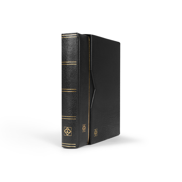 Stockbook Premium, A4, 64 black pages, padded leather* incl. slipcase, black