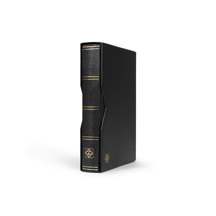 Stockbook Premium, A4, 64 black pages, padded leather* incl. slipcase, black