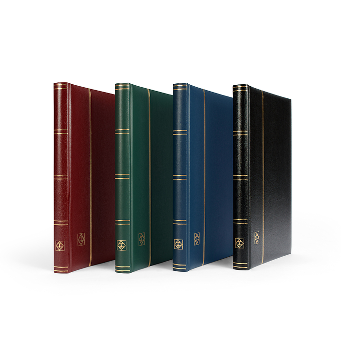 Premium padded stockbooks made of bonded leather, black pages