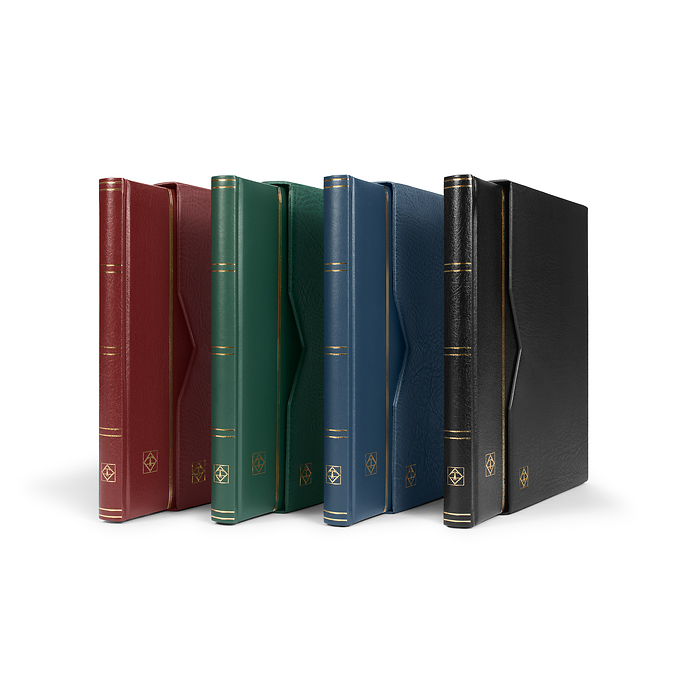 Premium padded stockbooks made of bonded leather, black pages